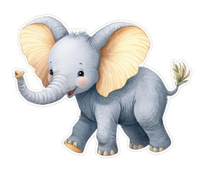 A charming illustration of a playful baby elephant with large ears and a cheerful expression, perfect for children's books and educational materials.