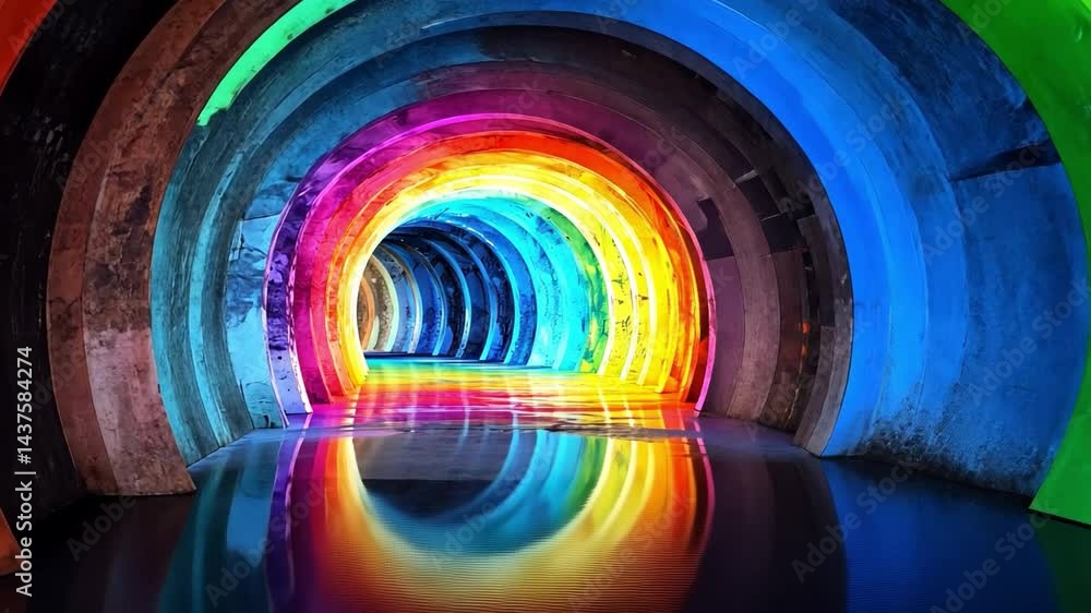 Poster vibrant tunnel exploration colorful lights and reflection on water create mesmerizing atmosphere of 