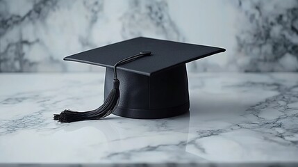 A black graduation cap on a white marble surface, with a marble texture background, symbolizing graduation and academic achievement.