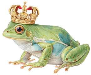 A whimsical frog wearing a golden crown, embodying a playful and royal spirit. Perfect for illustrations in children's books or creative projects.