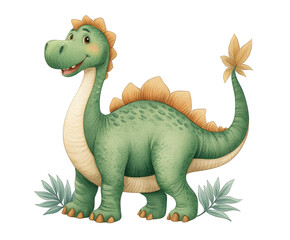 A cheerful cartoon dinosaur with a friendly expression, surrounded by lush greenery, perfect for children's products and playful designs.
