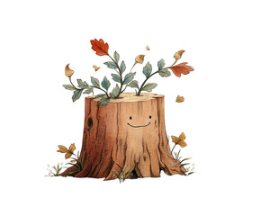 A whimsical illustration of a happy tree stump featuring vibrant foliage and delicate flowers, symbolizing nature's resilience and beauty.