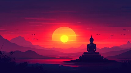 Fototapeta premium Vesak day poster illustration with buddha statue at sunset