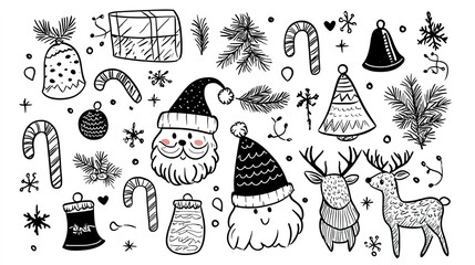 Playful handdrawn christmas doodle set featuring cute characters festive theme graphic design whimsical style