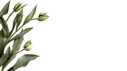 A few green tulip buds and leaves are arranged on the left side of a white background, creating a minimal and elegant composition.