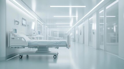 Hallway view Shows Modern Hospital Interior With Bed in Room Clean Concept