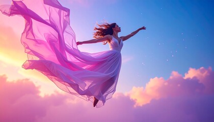 Feel the grace as she floats through a pastel-hued ambiance.  