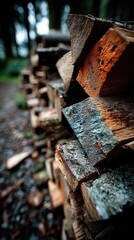 Stacked chopped firewood with rustic texture, conveying natural simplicity and warmth.