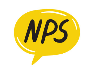 Nps, abbreviation net promoter score. Nps speech bubble lettering doodle hand drawn text.