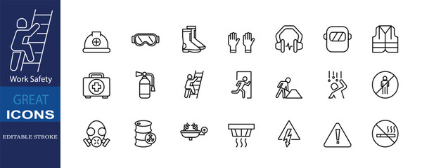 Set of icons for Work Safety. Editable stroke. Vector illustration	
