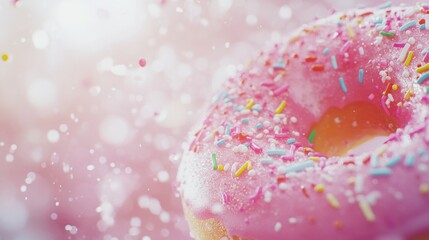 Delicious pink glazed donut with sprinkles in motion