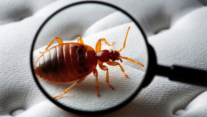 A single bed bug is visible on the surface of a mattress.