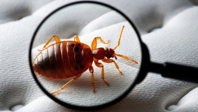A single bed bug is visible on the surface of a mattress.