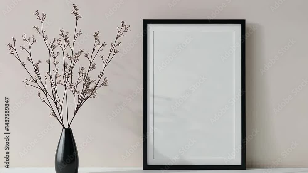 Poster elegant minimalist display with black frame and simple greenery on neutral background generative ai