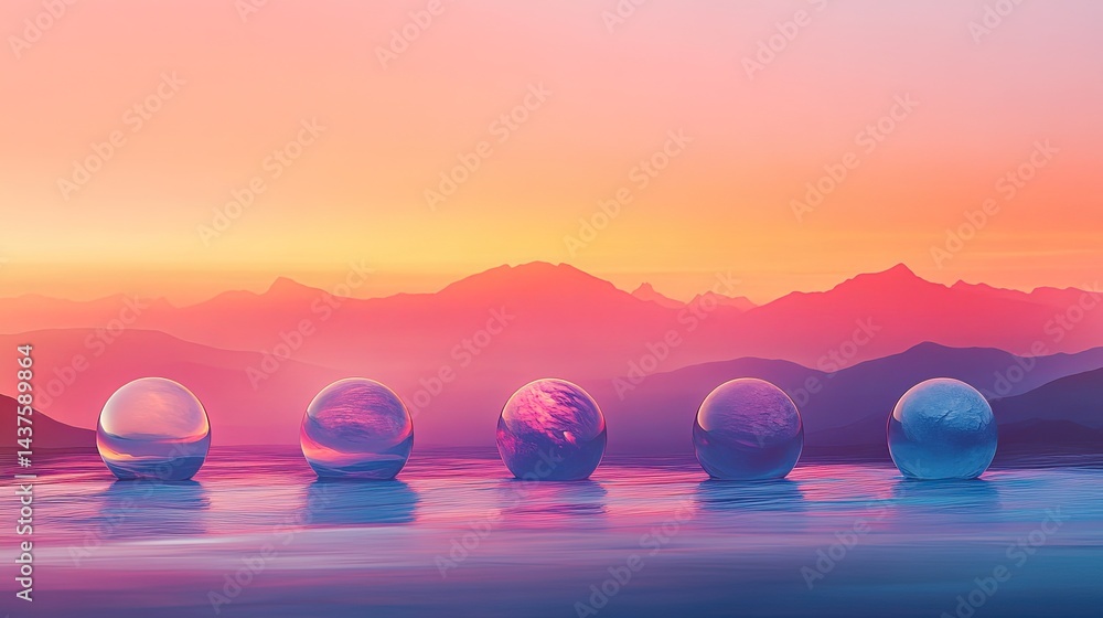 Poster five synthwave-inspired sunsets with a retro 80s gradient background.