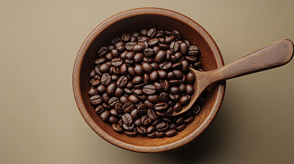 Wooden bowl filled with coffee beans, a wooden spoon inside.