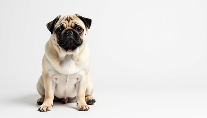 Obraz premium Adorable pug dog sits alone, white background, puppy, fluffy, mammal