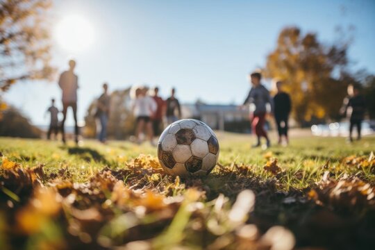 Fototapeta Play a game, soccer ball on grass field with a group of friends and autumn.
