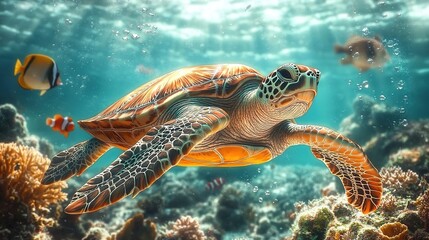Fototapeta premium Colorful sea turtle swimming among coral reefs with tropical fish and marine life, clear blue ocean water in the background.