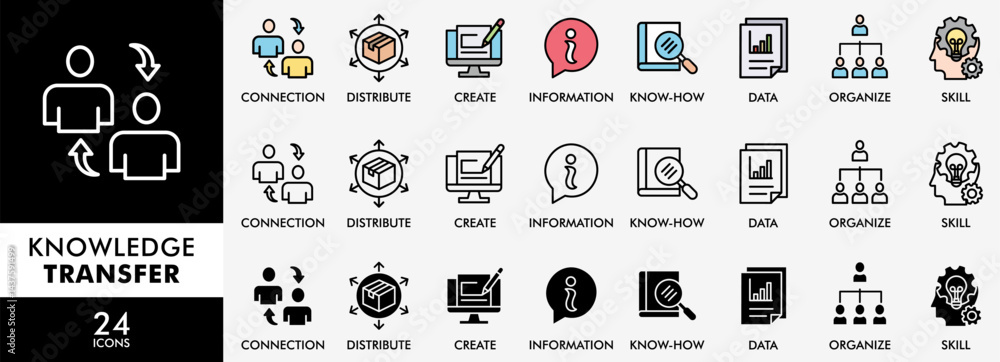 Aufkleber knowledge transfer icon set with various styles and colors connection, create, information, know-how