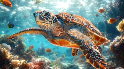 Obraz premium Colorful sea turtle swimming among coral reefs with tropical fish and marine life, clear blue ocean water in the background.