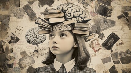 Black and white retro collage of beautiful student girl with blank stare and pile of textbooks