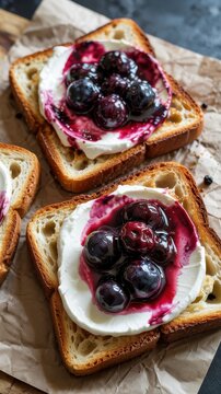 Cream cheese toast topped with mashed blueberries on wood board