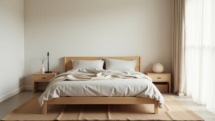 A cozy japandi-style bedroom scene featuring a low-profile bed and minimalist decor for a harmonious and serene space