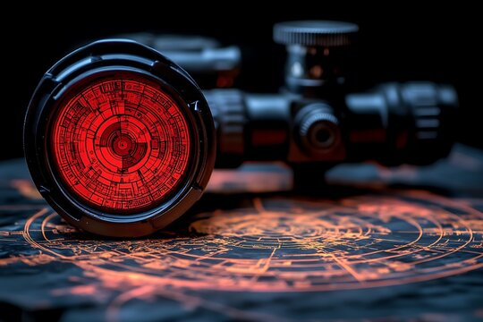 Futuristic scope on glowing map, red illumination