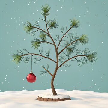 Charlie Brown style Christmas tree. Scrawny little tree is bent over with the weight of one lone bulb. Bah Humbug Series