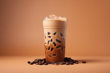 A Iced latte surrounded by coffee beans and ice cubes, futuristic minimal background