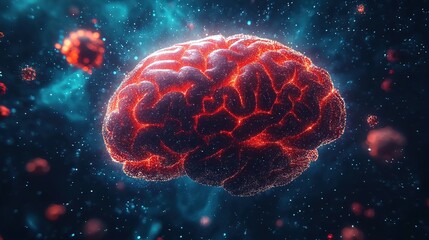 Fototapeta premium A digital brain made of red and blue particles, set against a dark blue cosmic background with floating light dots, conveying a futuristic and technological vibe.