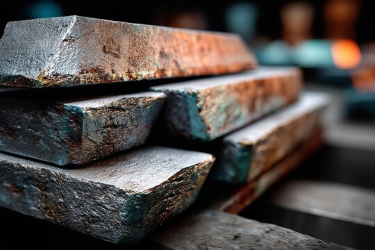 Ingots of beryllium metal stacked. metalworking in industry and scientific alloy bars. Solid element, production material. Generative Ai