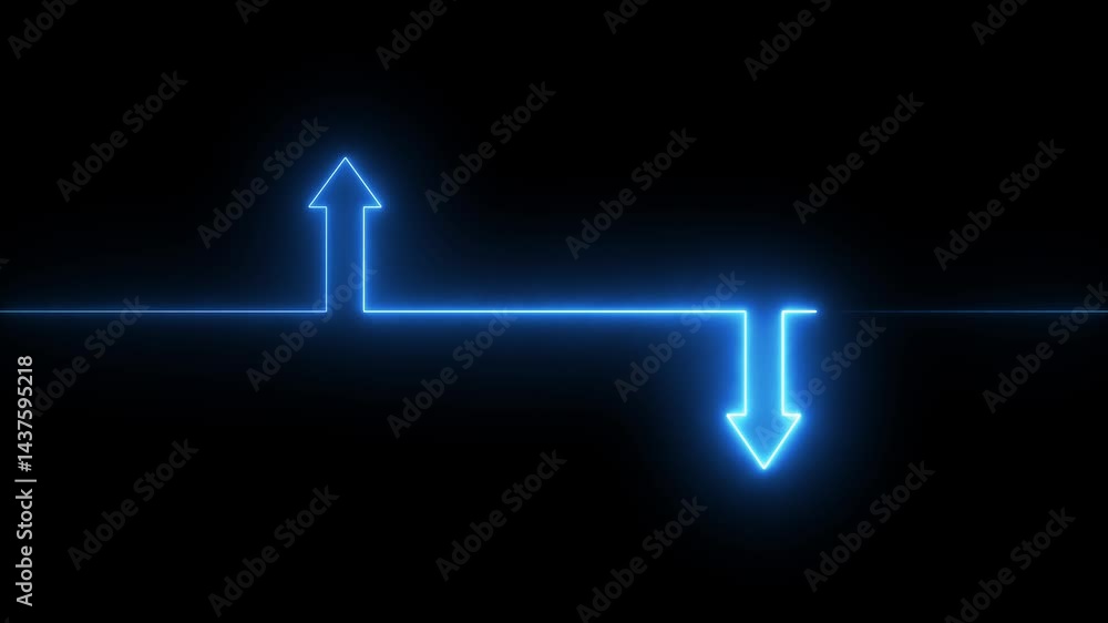 Poster neon line icon and up down arrow isolated on transparent black background. abstract glowing dynamic 