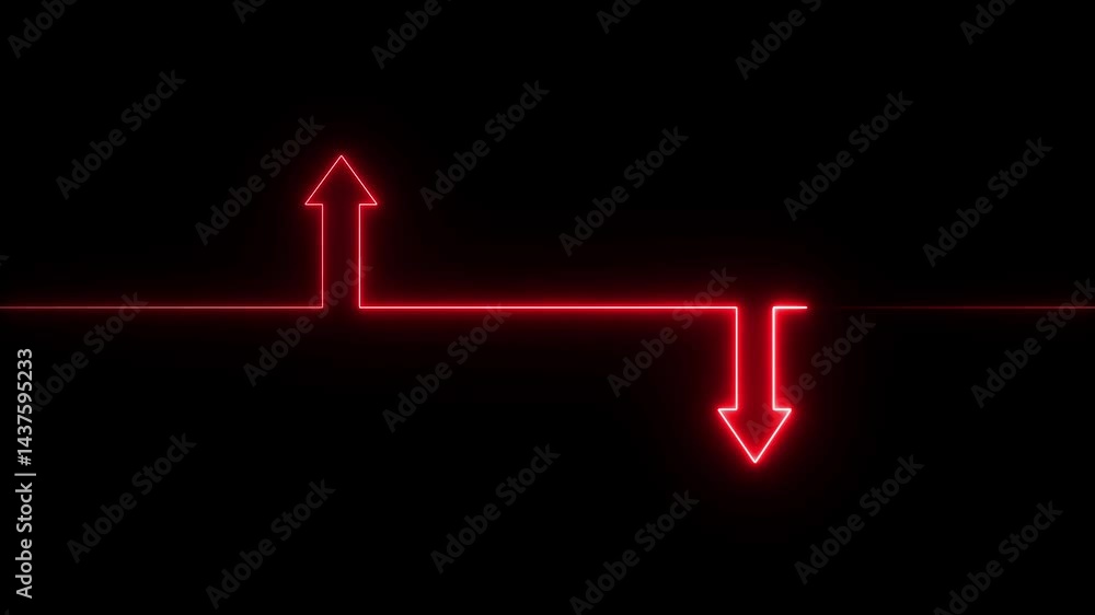 Poster neon line icon and up down arrow isolated on transparent black background. abstract glowing dynamic 