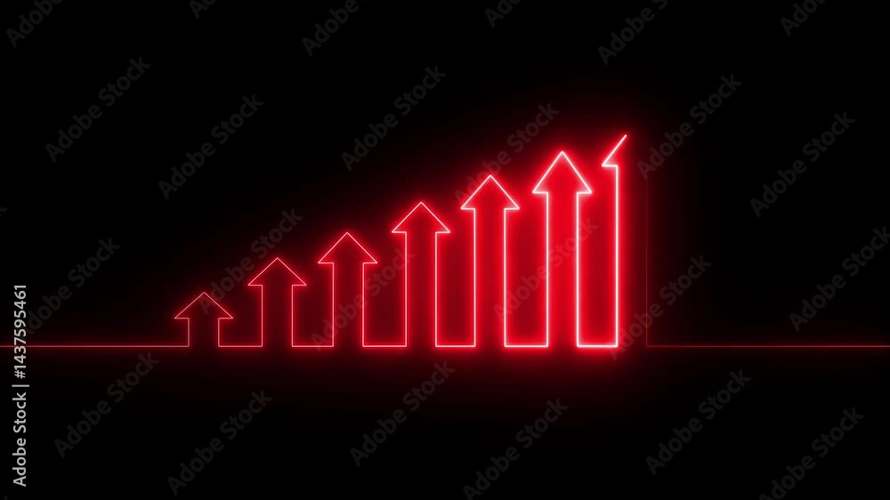 Poster neon line icon and up arrow isolated on transparent black background. abstract glowing dynamic neon 