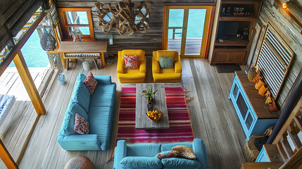 Fototapeta premium Cozy island cabin interior with colorful decor and turquoise water view, creating vibrant