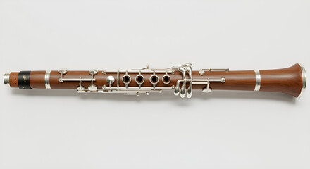 Naklejka premium a clarinet lying horizontally on a white background, keys shining under soft light