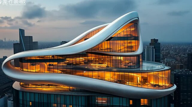 Modern architectural marvel with glowing interiors at dusk