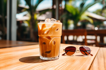 A glass of iced latte sitting on a sunny wooden table with sunglasses, palm leaves, and ocean in the background, summer café aesthetic