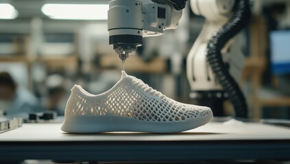3D printed shoe being manufactured by a robotic arm.  A close-up view of a white 3D printed shoe in the process of being created by a robotic arm. The shoe's intricate lattice design is clear.  