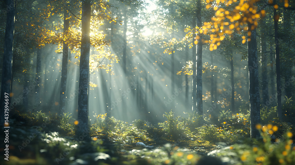 Poster sunbeams filtering through woodland trees with autumnal leaves illuminating a mystical forest landsc