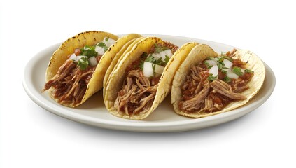 Four delicious tacos on a plate.  Soft corn tortillas filled with tender shredded meat, topped with a vibrant salsa, chopped onions, and cilantro