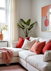 Comfortable White Sectional Sofa with Vibrant Pillows in a Brightly Lit Modern Living Room, Featuring an Abstract Wall Art and Tropical Plant.        