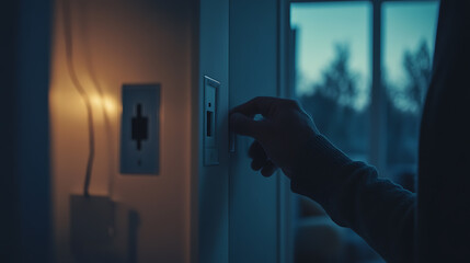 Naklejka premium Hand Turning Off Light Switch in a Dimly Lit Room