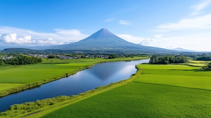 Mount Fuji River Valley Lush Green Landscape High-resolution Aerial View Serene Rice Paddies Scenic Vista Reflection Peaceful Nature Vibrant Summer Colors Travel Brochure