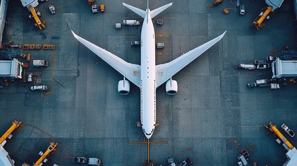 An airplane parked at an airport apron, surrounded by jet bridges and ground service vehicles, depicting a scene of aviation and airport operations.