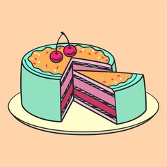 Colorful Cartoon Layered Cake with Cherries – Vector Illustration