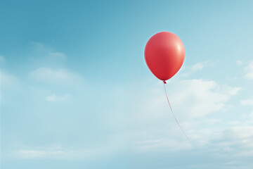 A single red balloon floating peacefully in a soft blue sky with minimal white clouds