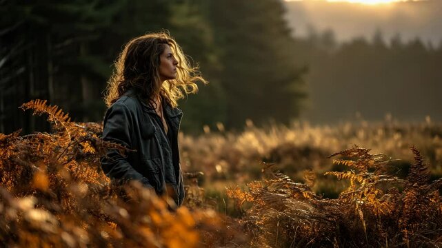 A pensive young woman with curly hair standing amidst golden bracken in a tranquil forest setting at golden hour, contemplating the beauty around her.